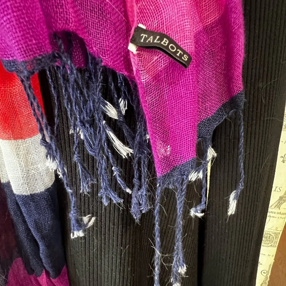 Talbots Lightweight Striped Scarf Pink Purple Navy White Fringe Wrap Shawl